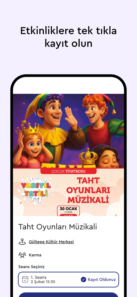 Kalbimiz Kağıthane - A mobile app screen showing the event registration details for a children musical theater play in Kagithane.