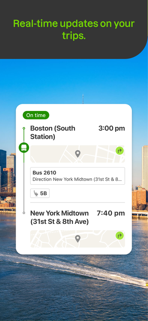 FlixBus-App-Bildschirm, der den Echtzeit-Reisestatus und Businformationen von Boston nach New York anzeigt