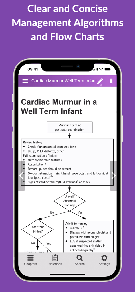 Algorithme d'écoulement pour la prise en charge des souffles cardiaques dans l'application médicale Neonatal Guide.