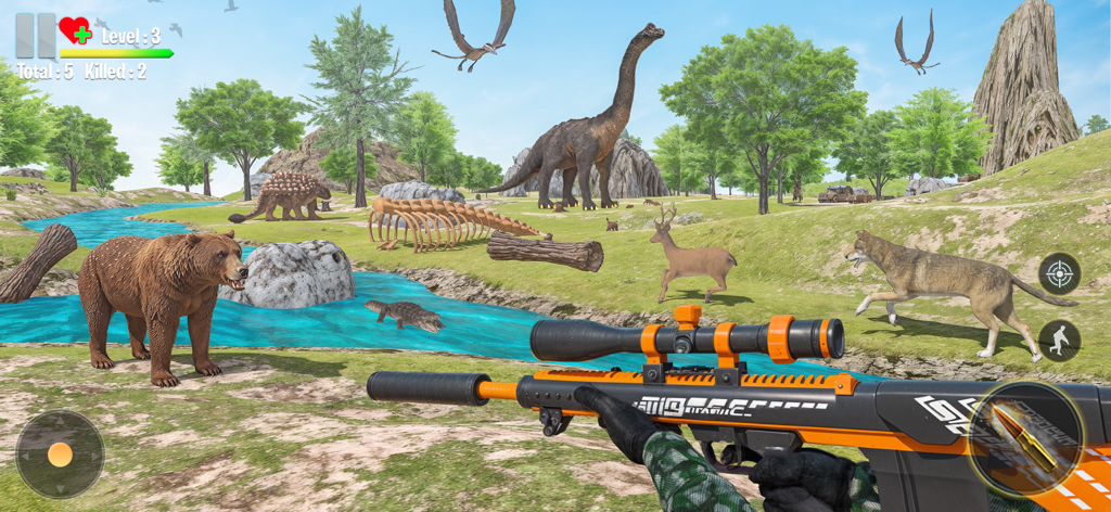 Dinosaur Hunting World Game - First-person sniper view aiming at dinosaurs and wild animals in a 3D landscape