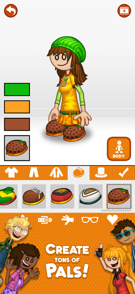 Papa Louie Pals - Character customization screen in the Papa Louie Pals app featuring various clothing and accessory options