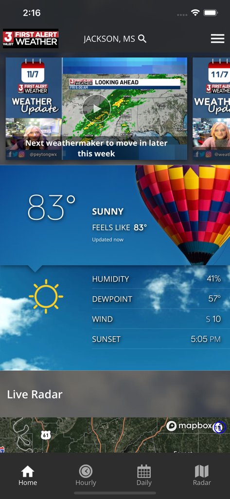 First Alert Weather - WLBT First Alert Weather app home screen for Jackson Mississippi showing current sunny conditions and live radar