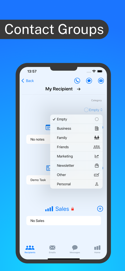 SMS Newsletter: Send bulk sms - Organizzazione dei contatti aziendali e personali in categorie come Marketing e Newsletter nell'app Newsletter SMS