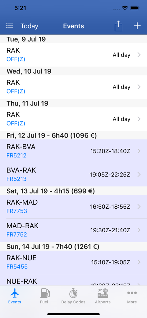 737 Pilot - Flight roster and events screen in the 737 Pilot app showing duty times and routes