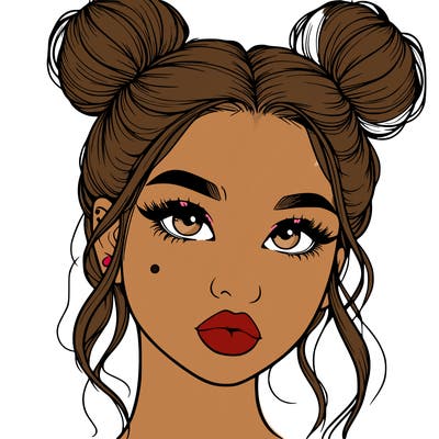 realistic girl with two buns on her hair and lips