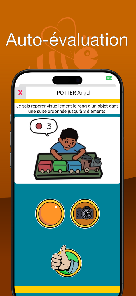 Je valide - Mobile app interface showing a student self evaluation screen for a preschool pedagogical task with a thumbs up validation button