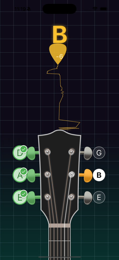Guitar Tuner - 6 strings - Guitar tuner app interface showing a visual headstock and pitch indicator for tuning a B string
