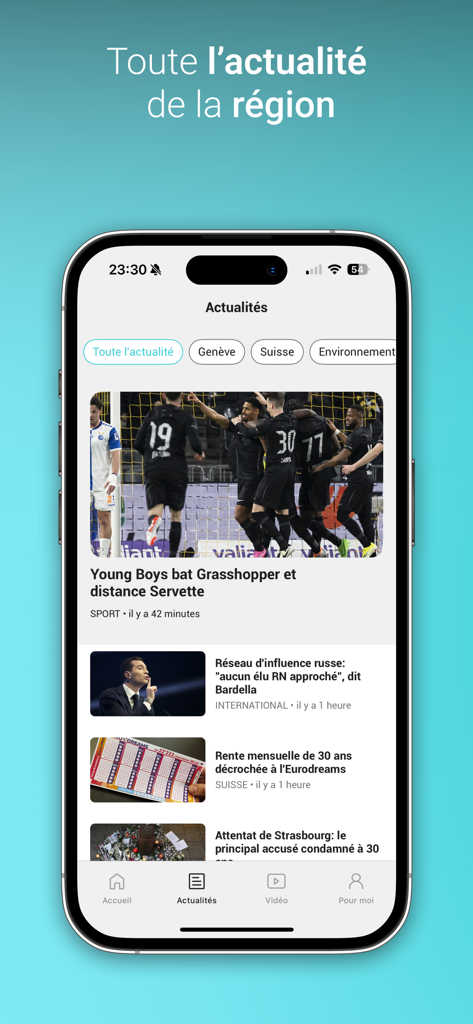 Radio Lac - Radio Lac mobile app news section showing Swiss regional headlines