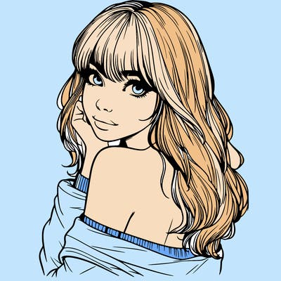 realistic girl with bangs looking over her shoulder