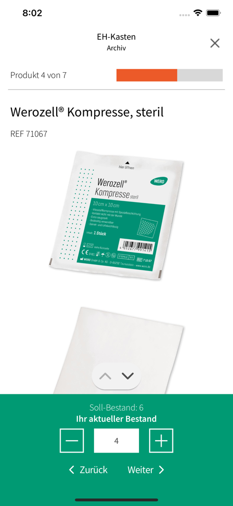 WERO app interface showing medical product stock management for first aid kits