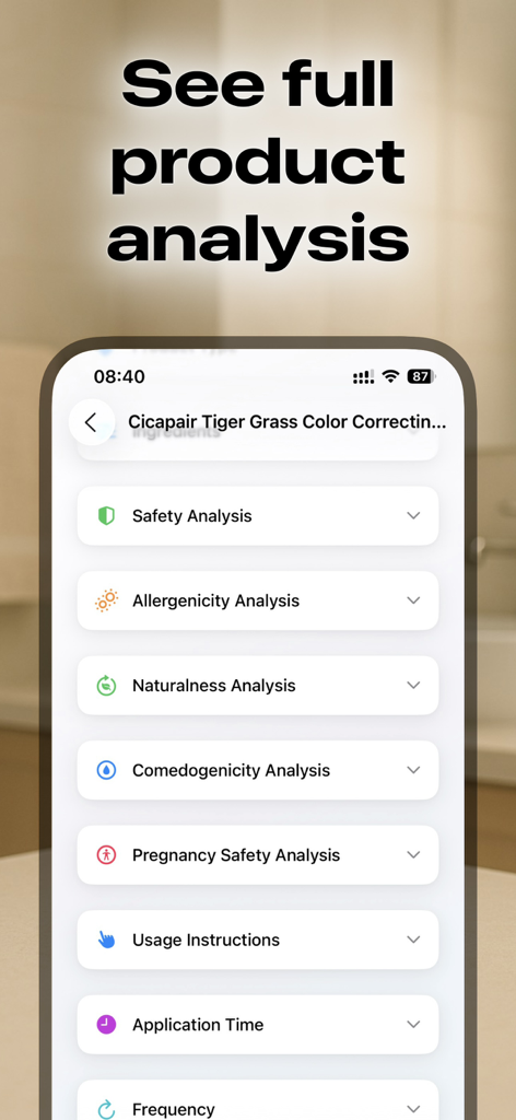 Cosmetic Scanner: CosmiqAI - A mobile screen showing detailed skincare product analysis including safety naturalness and comedogenicity ratings