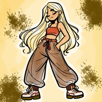 girl in baggy pants crop top and long hair