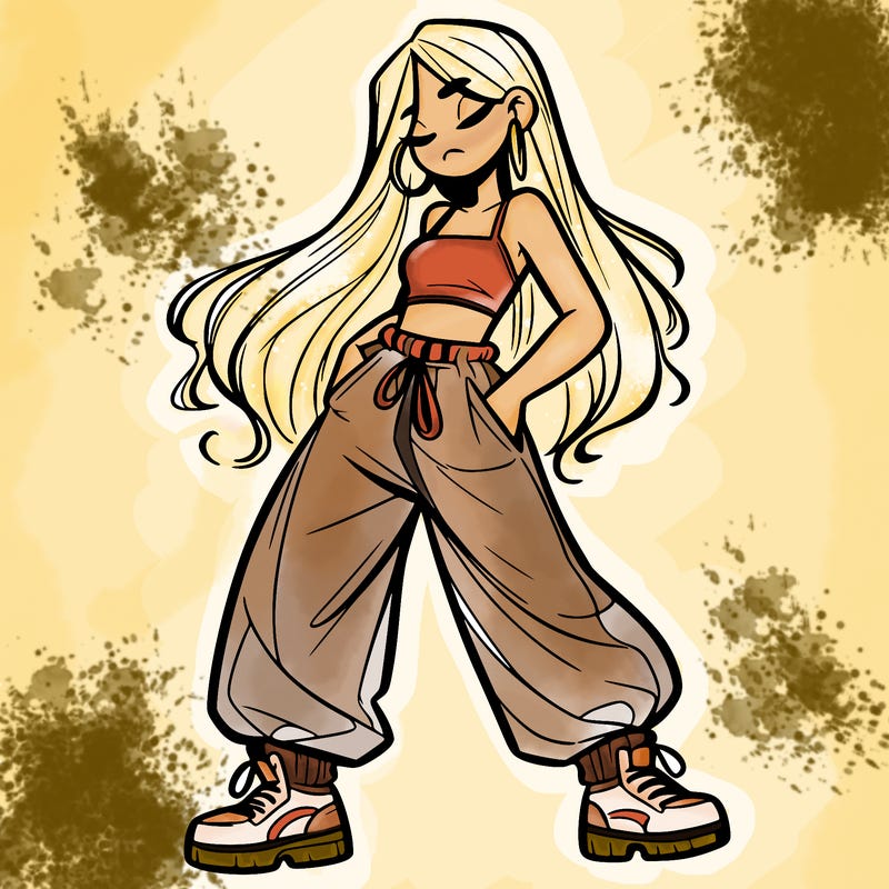 girl in baggy pants crop top and long hair
