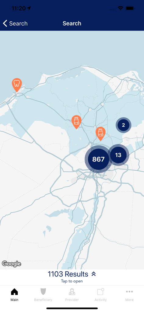 MedRight for Medical Services - A mobile app interface showing a map with dental and pharmacy icons to locate medical providers