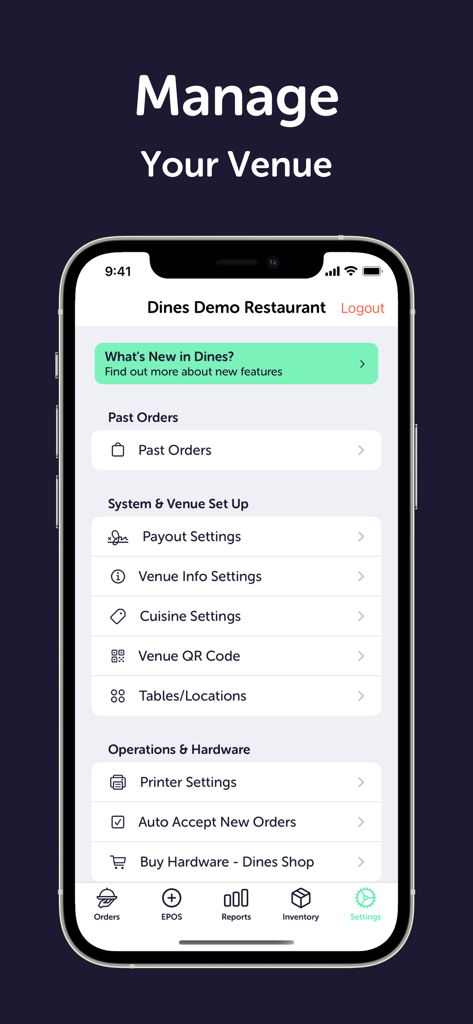 Dines - For Venues - Settings menu of the Dines app for venue management showing setup and hardware options