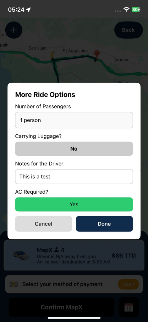 MappRides - MappRides mobile app screen for selecting ride preferences like air conditioning and passenger count