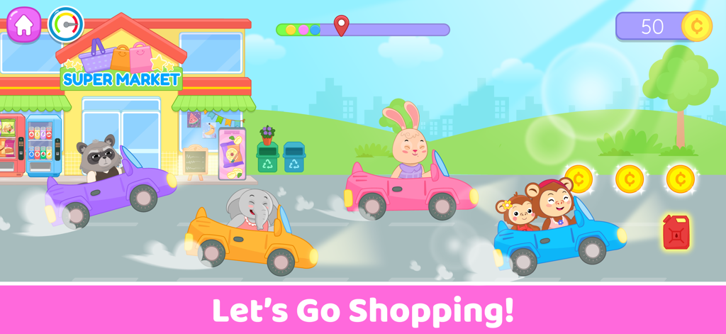 Supermarket Game Kids Shopping - Animales de dibujos animados conduciendo coches de colores frente a un edificio de supermercado