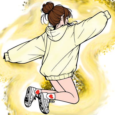 realistic girl jumping with a bun and oversized sweatshirt
