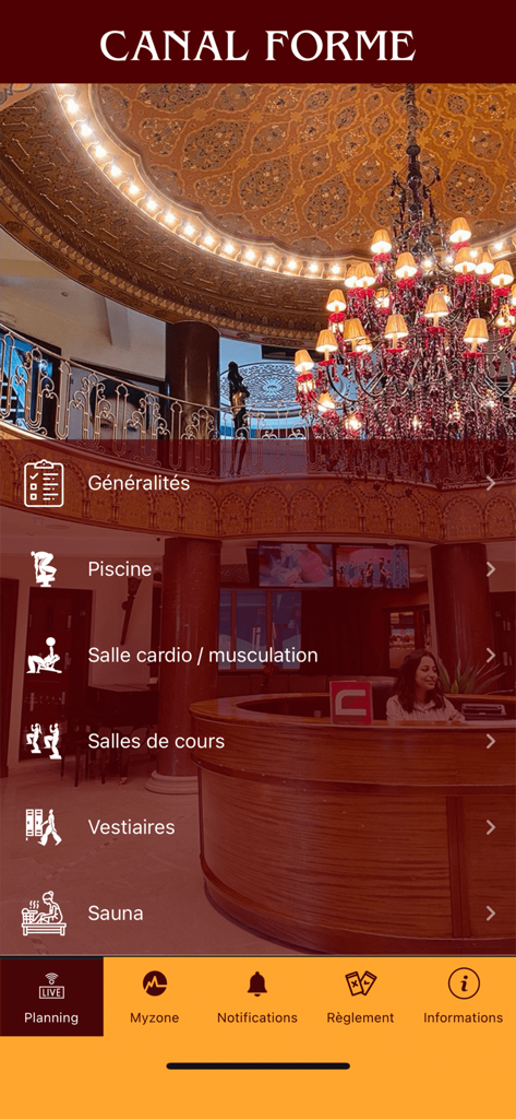 Canal Forme - Main menu of the Canal Forme fitness app showing facilities like pool, cardio room, and sauna.