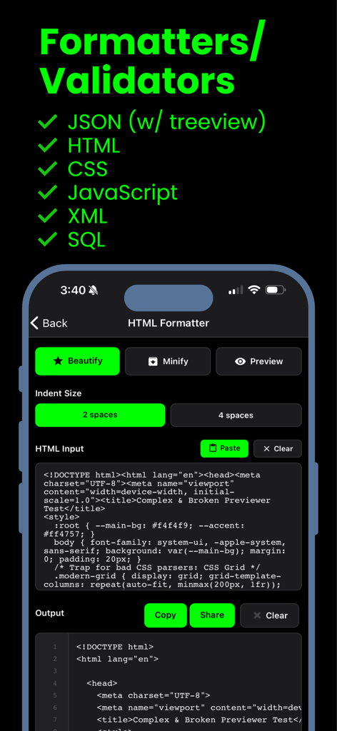 DevKit mobile app showing the HTML formatter interface with code beautification and minification options