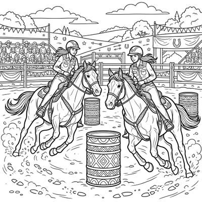 Immerse yourself in the exhilarating world of rodeo with this action-packed barrel racers coloring page. Capture the speed and skill of these incredible athletes and their horses as they race around the barrels in a full arena scene.