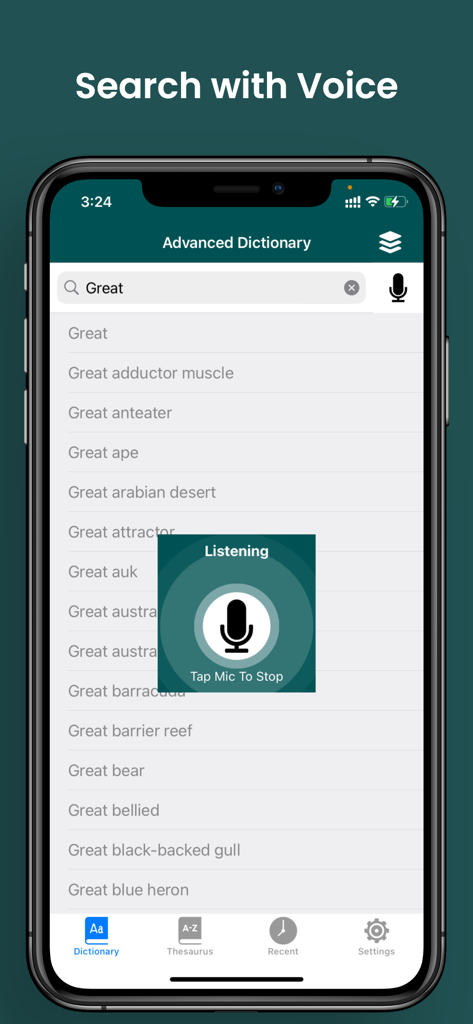 English Dictionary - Interfaccia dell'app Dizionario Inglese che mostra la funzione di ricerca vocale con un'icona del microfono e un elenco di suggerimenti di parole