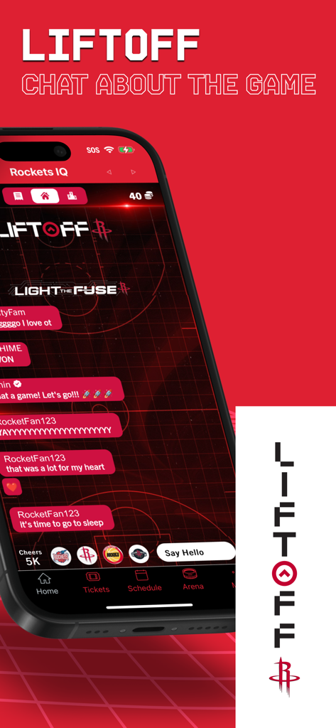 Houston Rockets - Interfaz de chat de fan Liftoff en tiempo real dentro de la app móvil oficial de los Houston Rockets durante un partido.