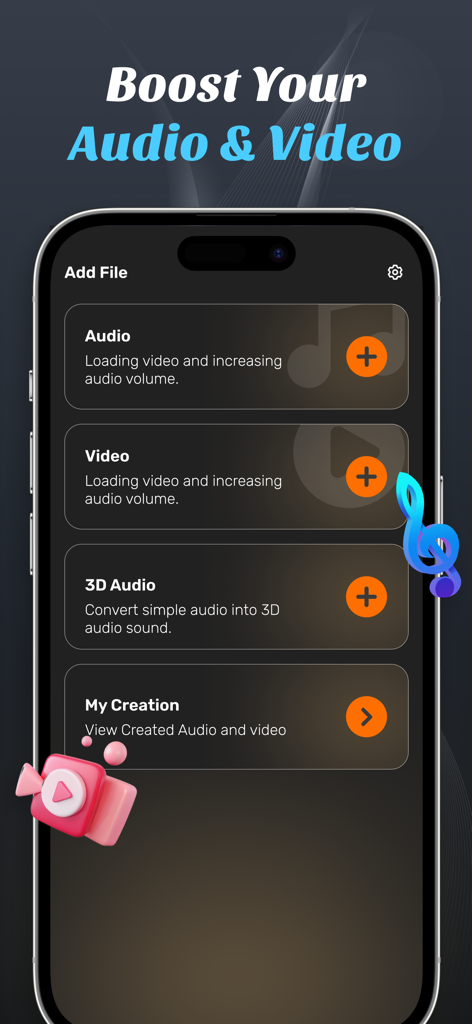 Ai Volume booster - Interface of the Ai Volume booster app featuring options to boost audio, video, and convert files to 3D sound