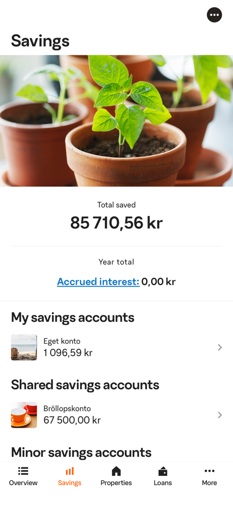 Interface of the SBAB mobile banking app displaying a savings overview with total balance in SEK and a list of accounts.