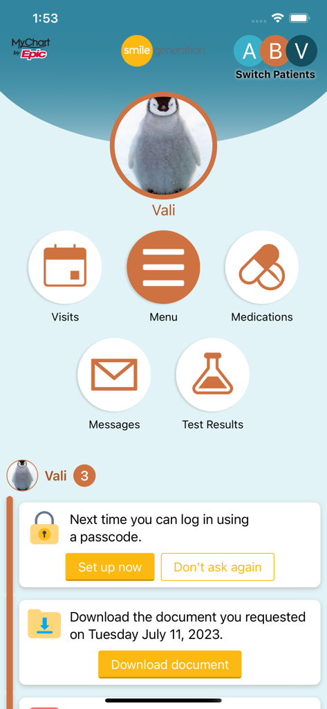Smile Generation MyChart mobile app dashboard with patient profile and navigation icons