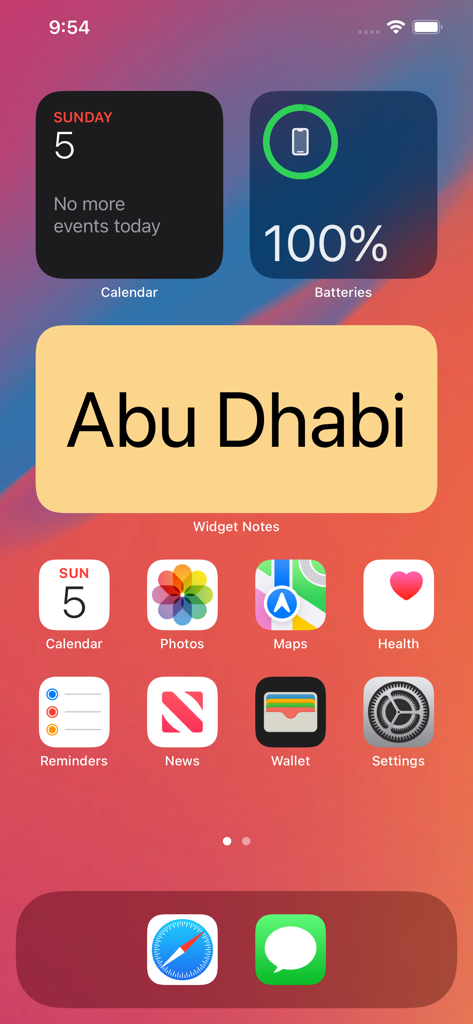 Widget Notes - Home Screen - An iPhone home screen featuring a yellow sticky note widget that displays the text Abu Dhabi