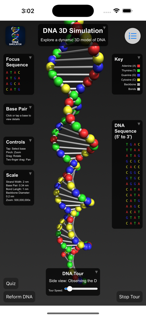 Simulación 3D de una estructura de doble hélice de ADN en una aplicación educativa