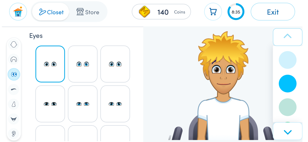 Interface para customização de um avatar de personagem infantil com cabelo amarelo espetado e diferentes opções de olhos no aplicativo Mathletics.