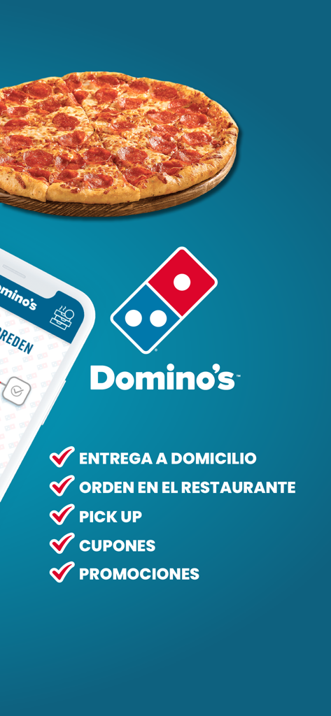 Domino's Pizza El Salvador - Domino's Pizza El Salvador app splash screen showing a pepperoni pizza and a list of services including delivery and pickup.