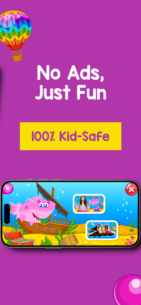 Bounce Patrol Nursery Rhymes! - Pantalla de la app de Bounce Patrol destacando un entorno 100% seguro y sin anuncios para niños pequeños