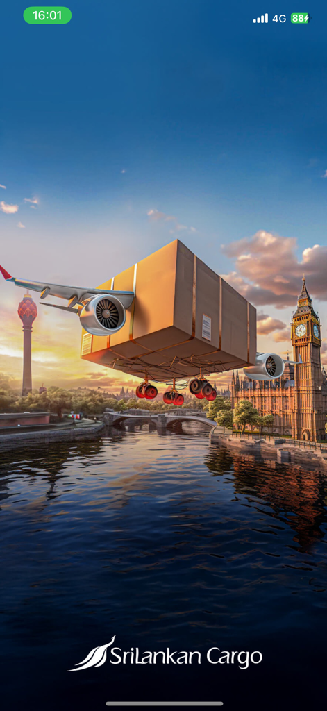 SriLankan Cargo - SriLankan Cargo app splash screen showing a flying shipping box with airplane wings and engines above a river and city landmarks.