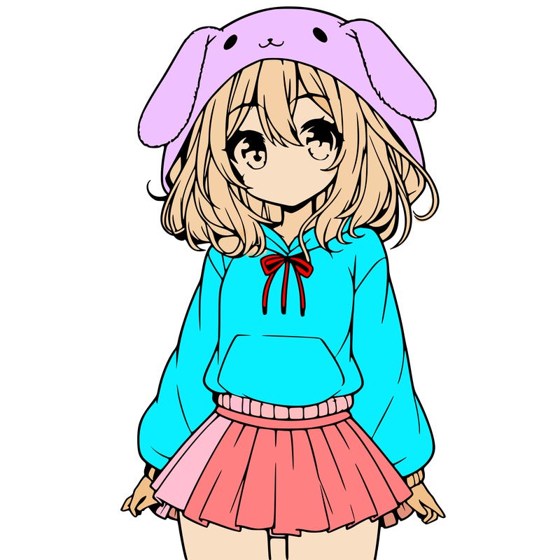 pretty anime girl wearing a fluffy hoodie with bunny ears on the hood and a skirt