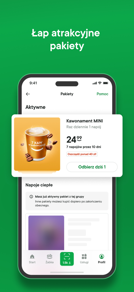 żappka: zakupy, promocje Żabka - żappka 앱 인터페이스에 커피 구독 패키지 거래 및 로열티 포인트가 표시된 스마트폰 화면