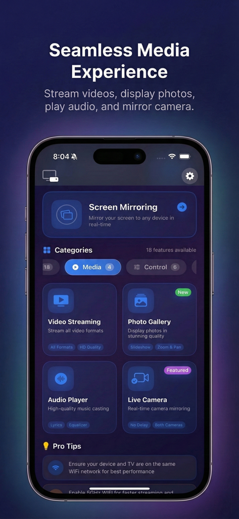 AirPlay Cast app dashboard showing screen mirroring and video streaming features