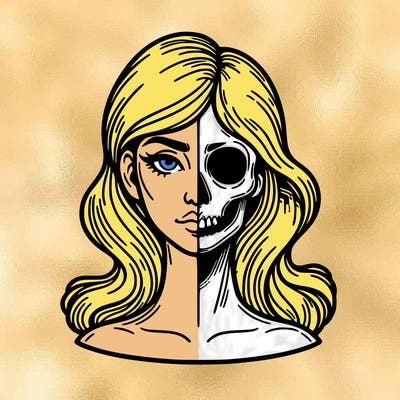 bust of a woman, half face and hair, half skull