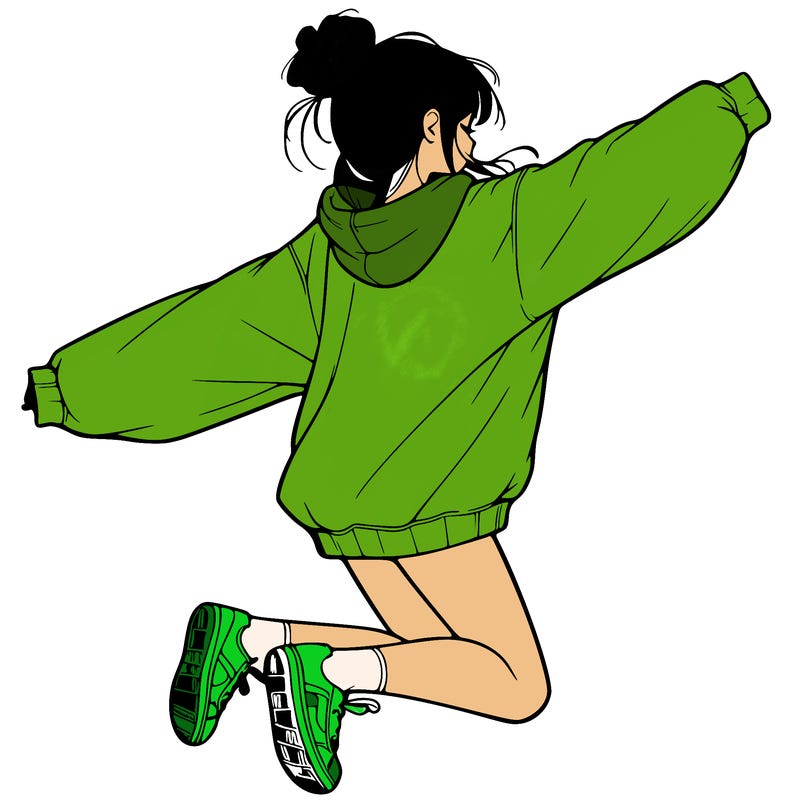 realistic girl jumping with a bun and oversized sweatshirt