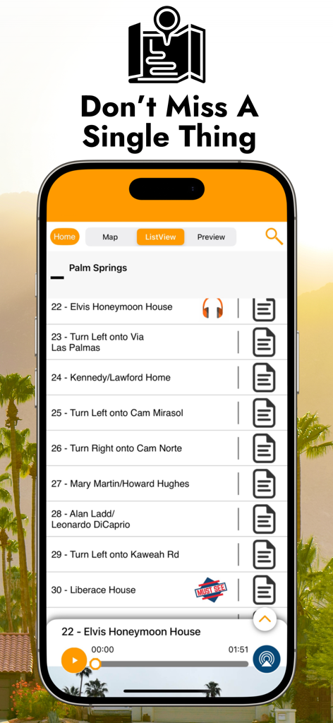 팜스프링스 오디오 투어 앱의 연예인 집 정류장 및 내비게이션 안내 목록 보기.