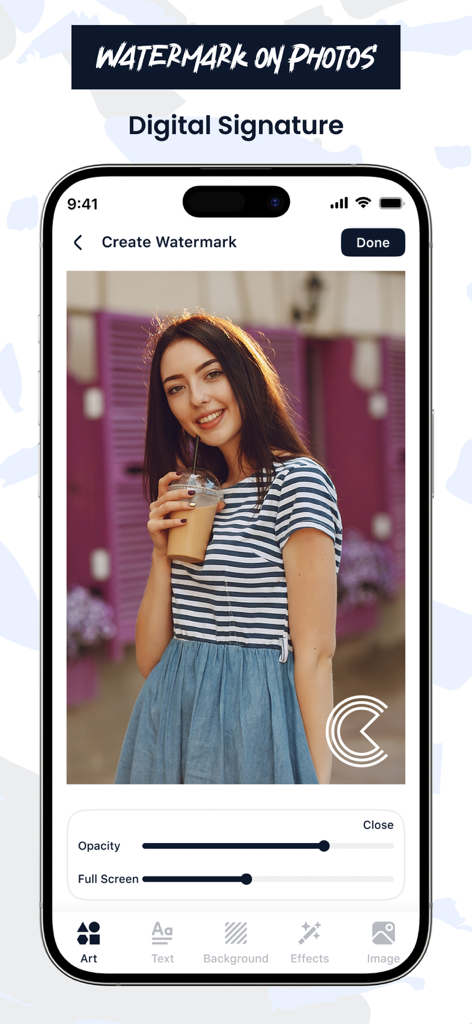 Add Watermark on Photos - Mobile app interface showing the digital signature tool for adding a custom watermark logo to a portrait photo with opacity sliders.