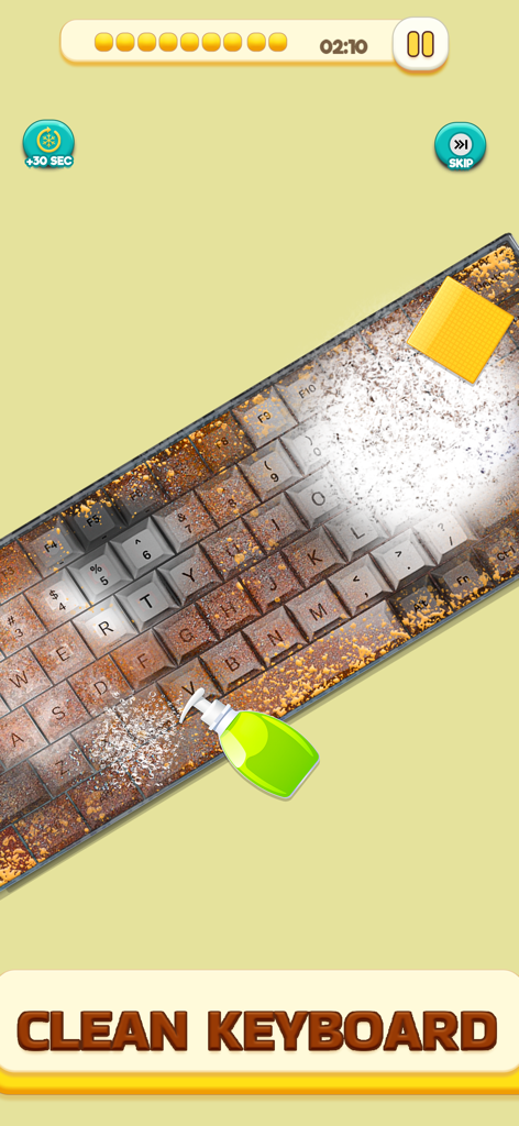 Satisfying Tidy ASMR Cleaning - A mobile game screen showing a dirty computer keyboard being cleaned with soap and a yellow sponge