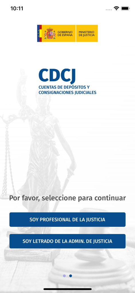 CDCJ Justicia - Pantalla de inicio de sesión de la aplicación CDCJ Justicia con botones de selección para profesionales del derecho y administradores judiciales