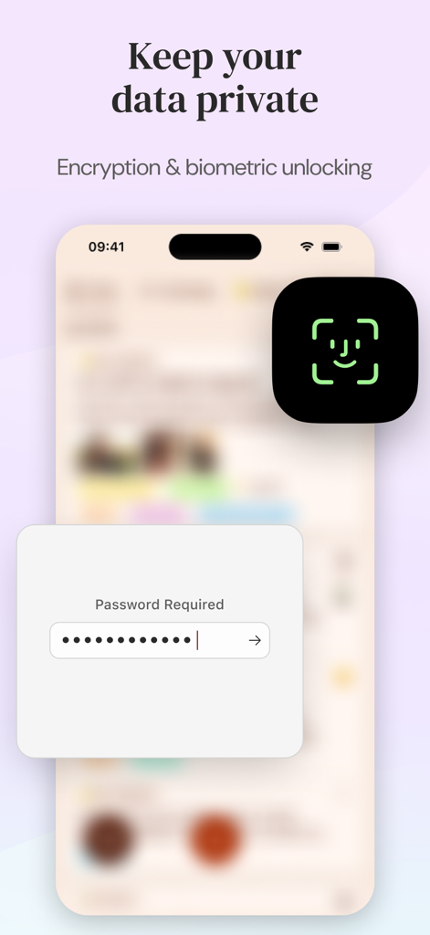 Diarly: Diary, Private Journal - Diarly app security screen featuring password protection and Face ID biometric unlocking for journal privacy