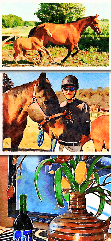 Trois exemples d'art aquarelle numérique présentant des chevaux et une nature morte florale.