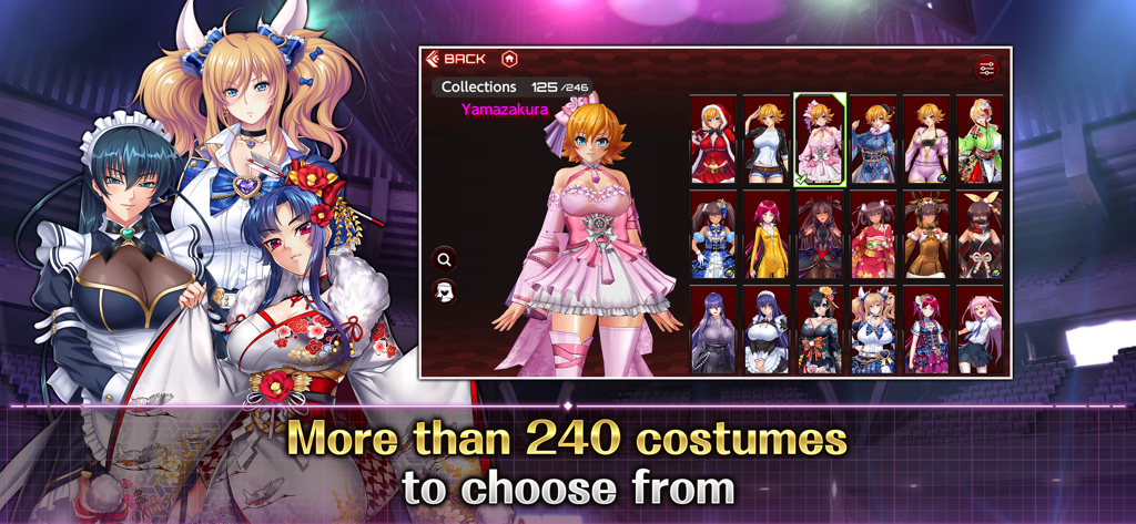 Action Taimanin game interface showing a wide variety of character costumes and outfits