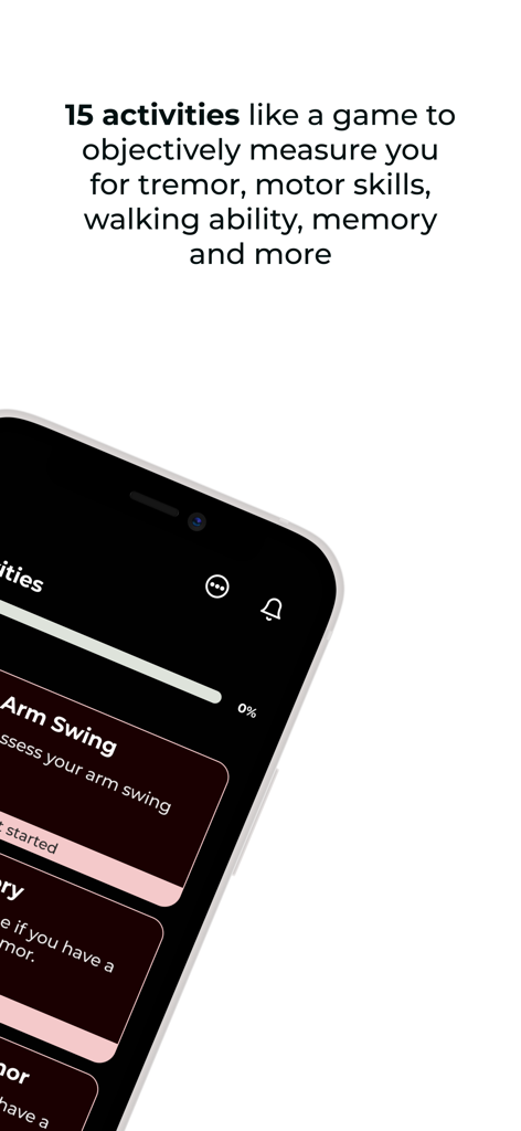 Smartphone screen showing game-like health activities for Parkinson's tremor and motor skill measurement