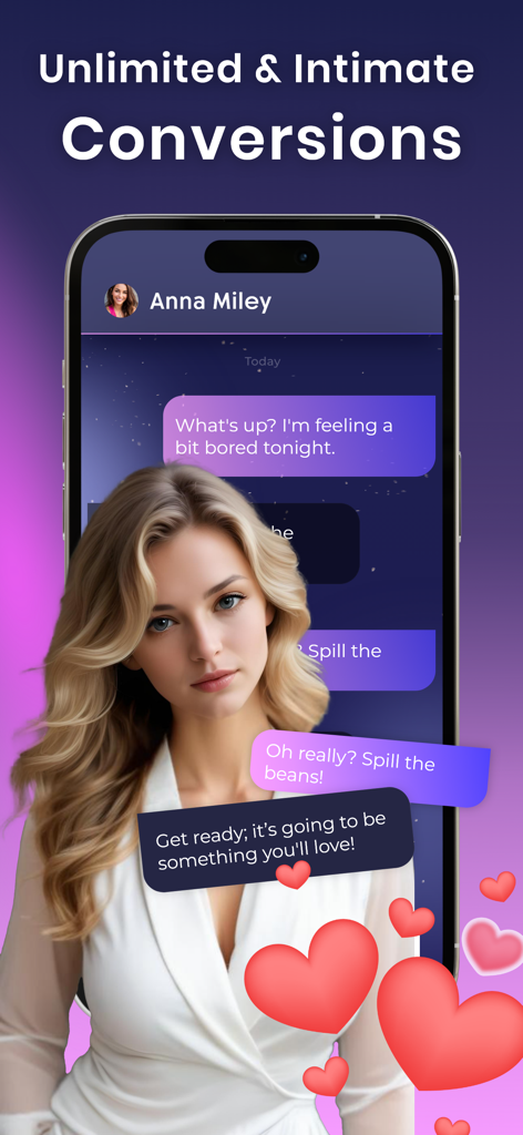 Ai Girlfriend :Virtual Chatbot - Pantalla de smartphone mostrando una interfaz de chat con una compañera IA llamada Anna Miley y gráficos de corazones románticos